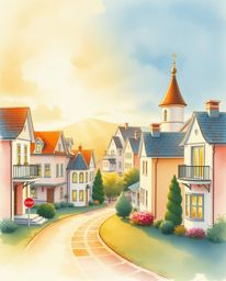 Discover a graceful and elegant watercolor painting depicting a sleepy town.  Pastel-colored houses bask in a warm golden glo