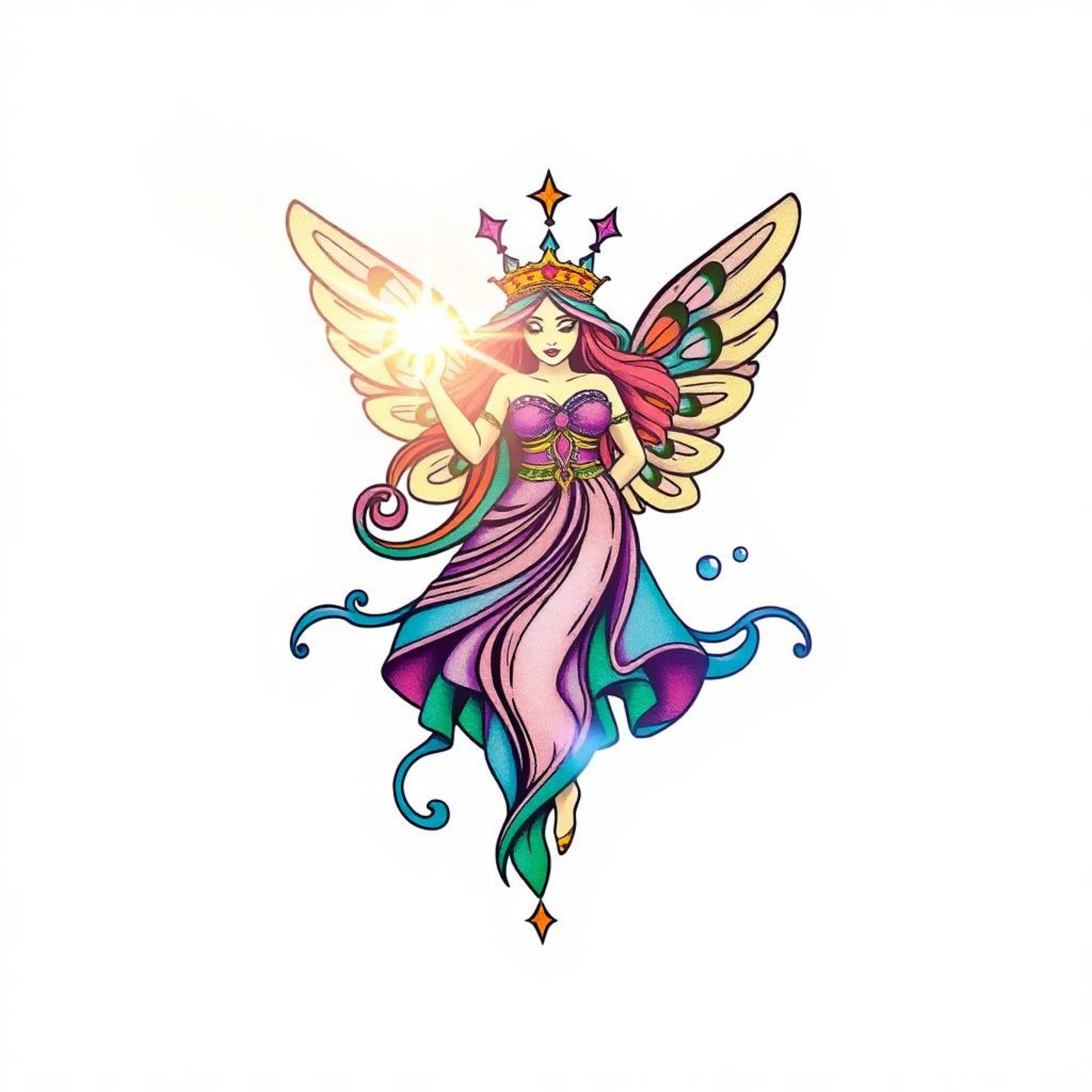 This stunning art print showcases a symbolic traditional tattoo design featuring a fairy godmother emerging from a swirl of s