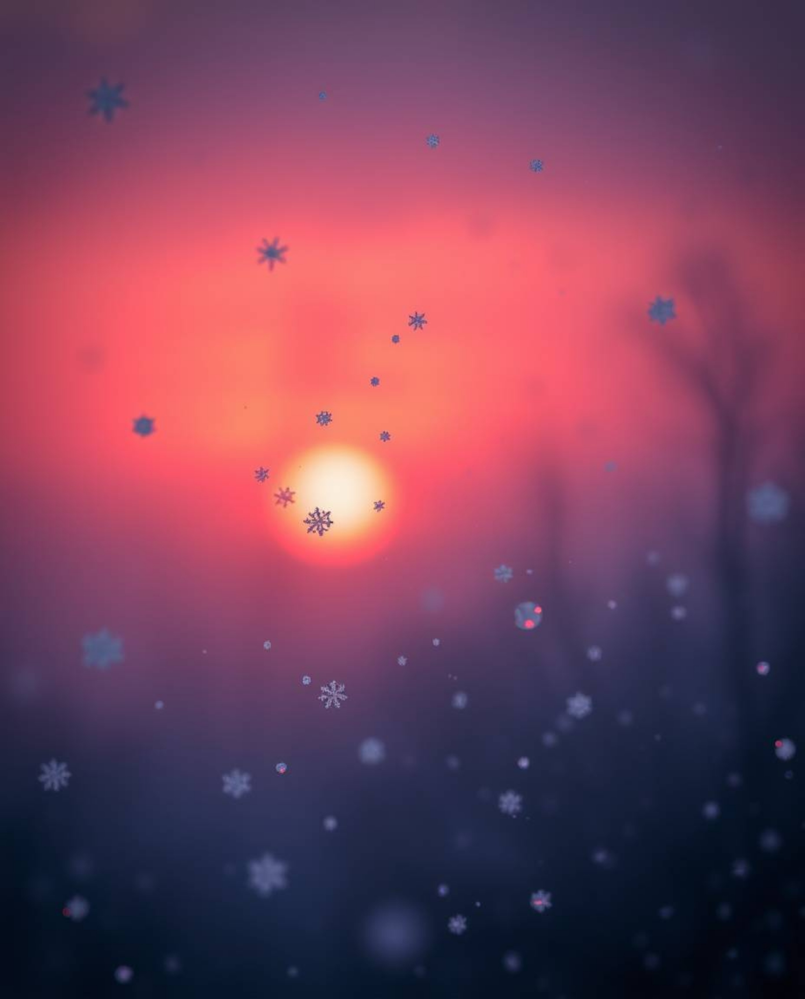 This surreal infrared photograph captures the enchanting moment of snowflakes falling during a vibrant sunset. The image is d