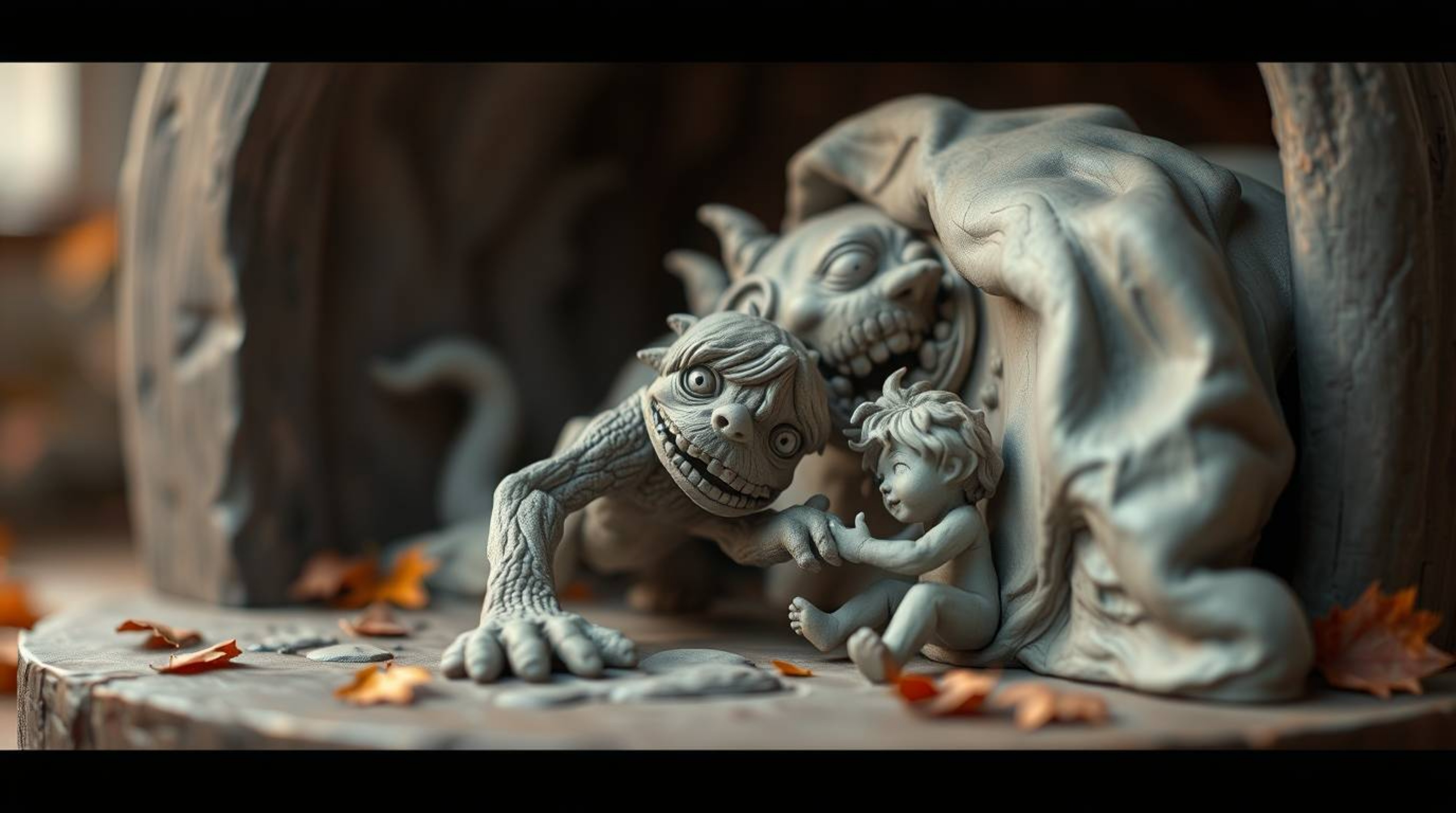 Explore a heartwarming scene of a monster under the bed befriending a child, depicted in a dynamic motion sculpture crafted f