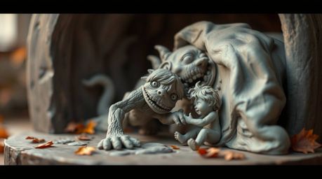 Explore a heartwarming scene of a monster under the bed befriending a child, depicted in a dynamic motion sculpture crafted f