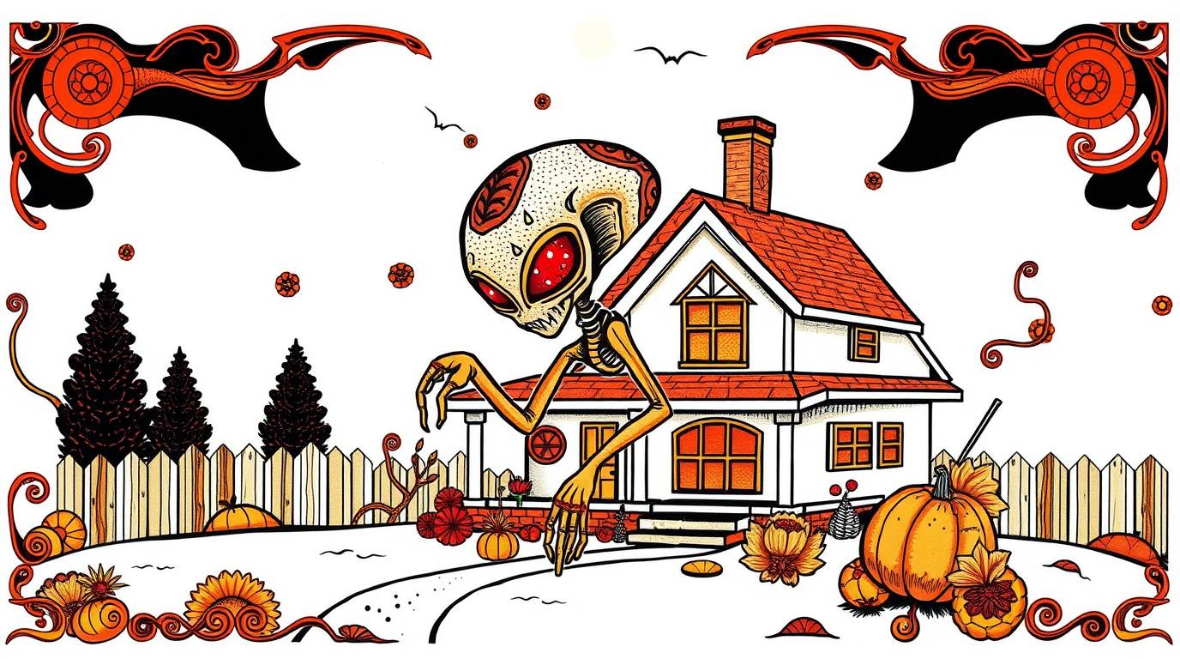 Explore a symbolic traditional tattoo art print depicting an alien residing in a suburban house. This piece features warm red