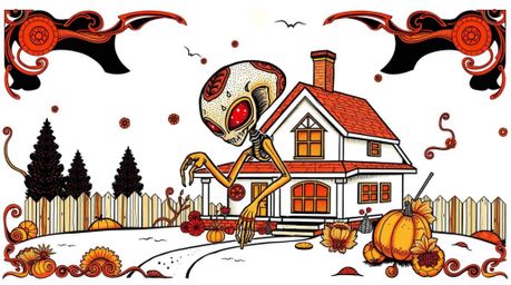 Explore a symbolic traditional tattoo art print depicting an alien residing in a suburban house. This piece features warm red