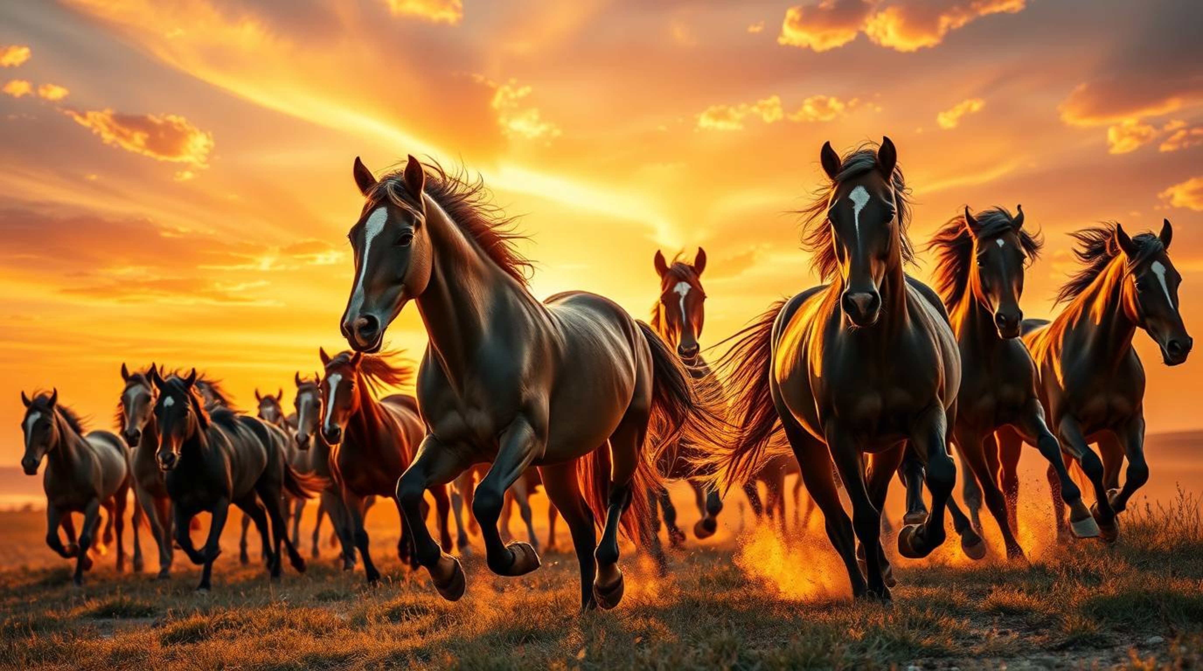 A stunning digital artwork showcases a graceful herd of wild horses galloping under a vibrant, glowing sky.  Rendered in elec