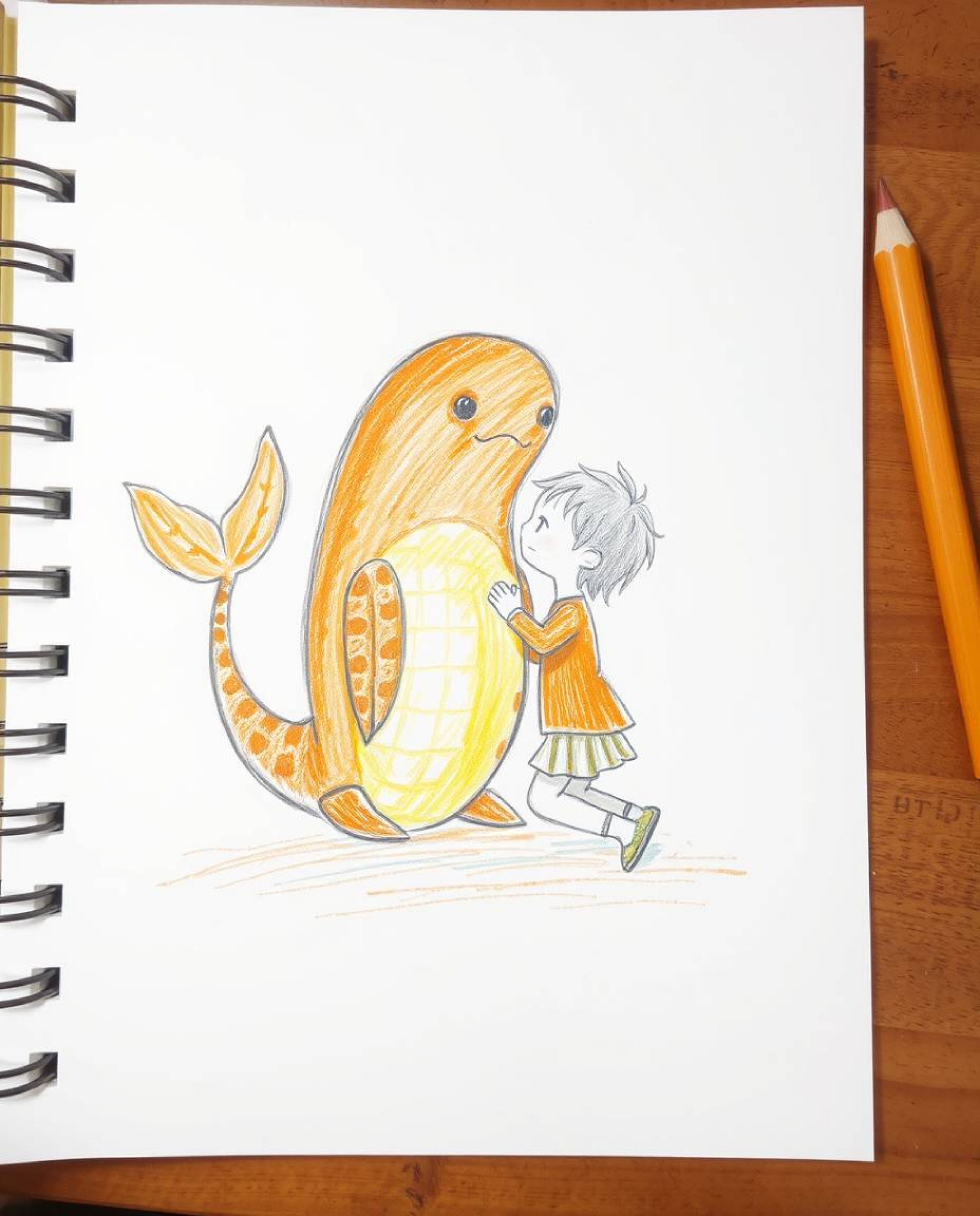 A heartwarming hand-drawn sketch in warm autumnal tones depicts an unlikely friendship between a child and a whimsical sea cr