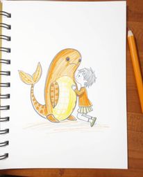A heartwarming hand-drawn sketch in warm autumnal tones depicts an unlikely friendship between a child and a whimsical sea cr