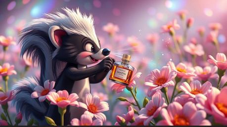 A dreamlike surreal image featuring a cartoon skunk playfully spraying perfume on flowers, rendered in iridescent colors with