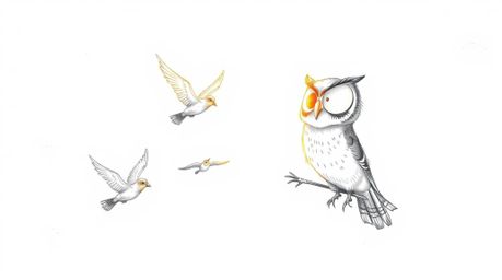 This artwork features a Pixar-style, hand-drawn sketch of a blind owl passionately instructing birds on how to fly. The scene