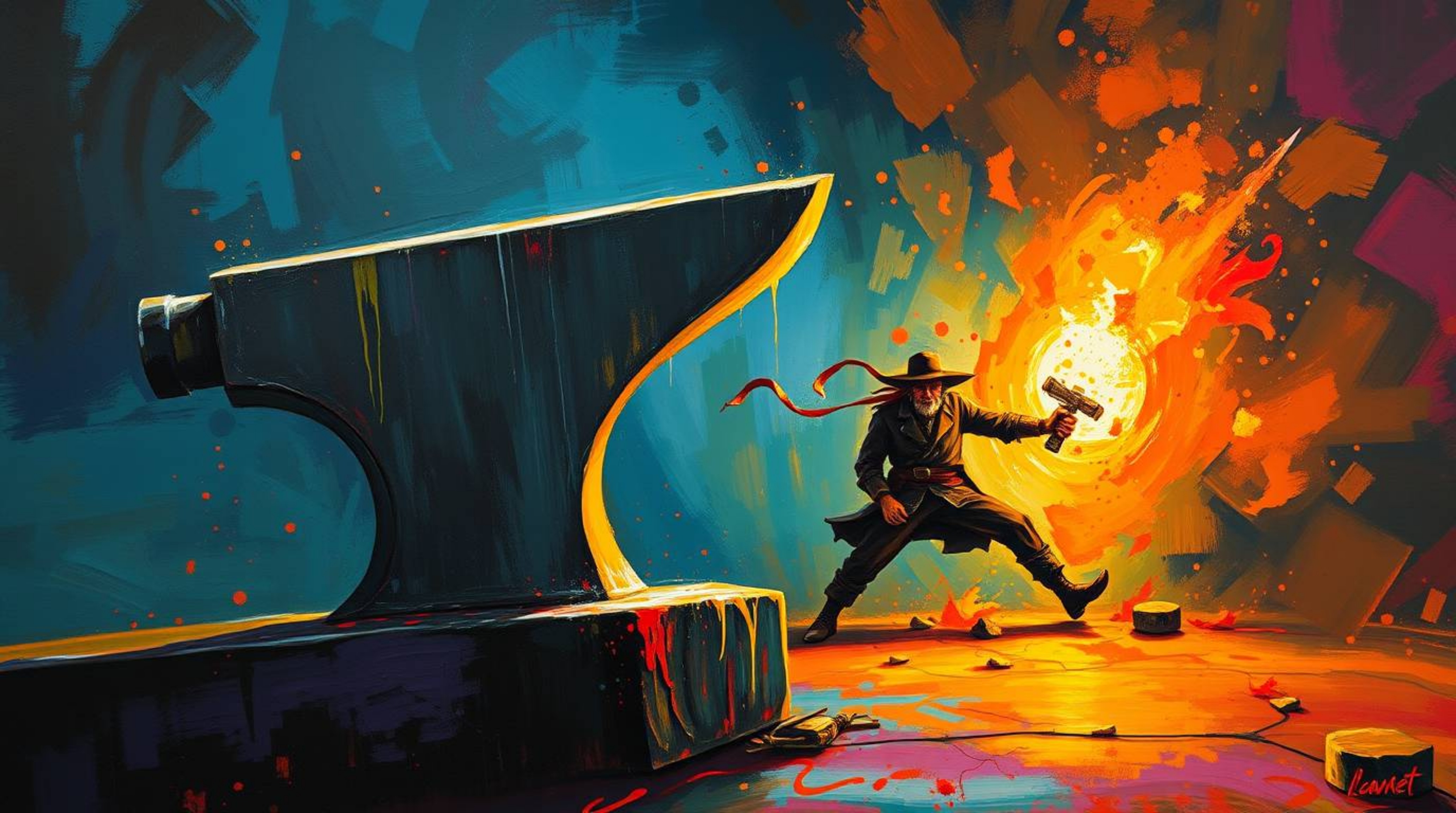 Experience a dramatic and visually stunning acrylic painting depicting an anvil poised to strike a trickster character. This 