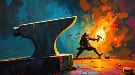 Experience a dramatic and visually stunning acrylic painting depicting an anvil poised to strike a trickster character. This 
