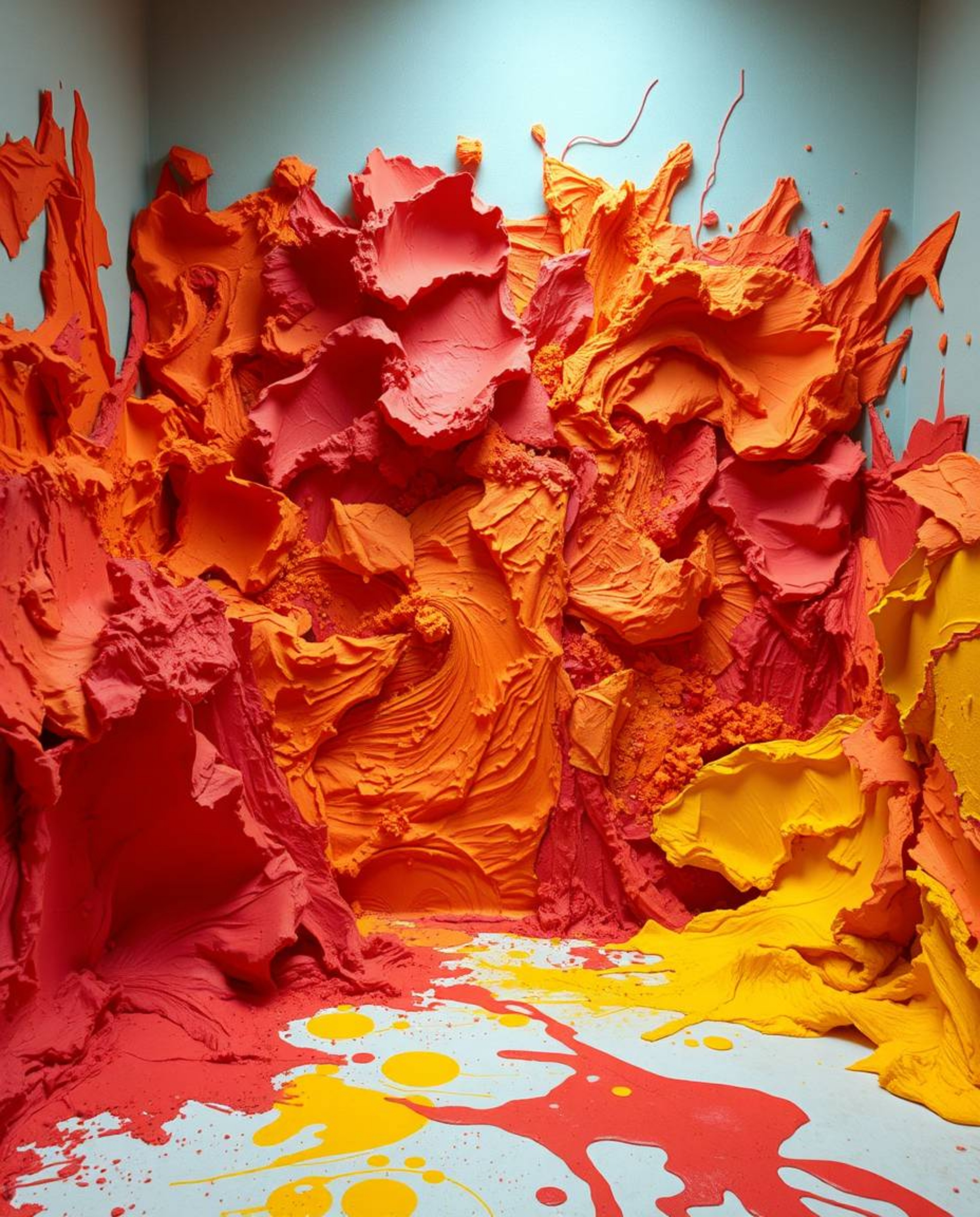 A vibrant and dynamic room overflowing with paint, meticulously sculpted from warm, layered papier-mâché. The artwork showcas