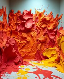A vibrant and dynamic room overflowing with paint, meticulously sculpted from warm, layered papier-mâché. The artwork showcas