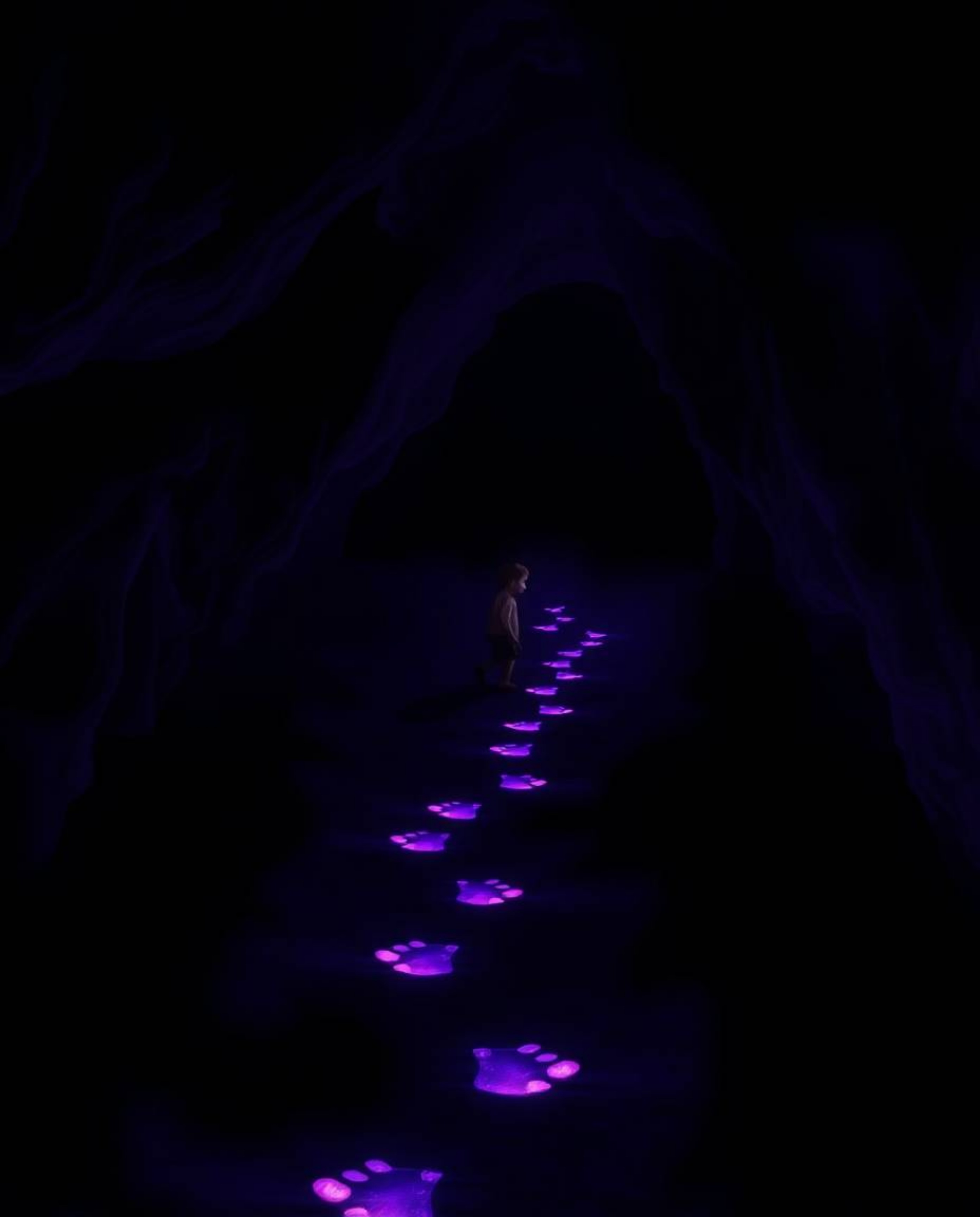 Immerse yourself in an eerie and creepy atmosphere where a child follows a trail of dimly glowing, purple footsteps into a da