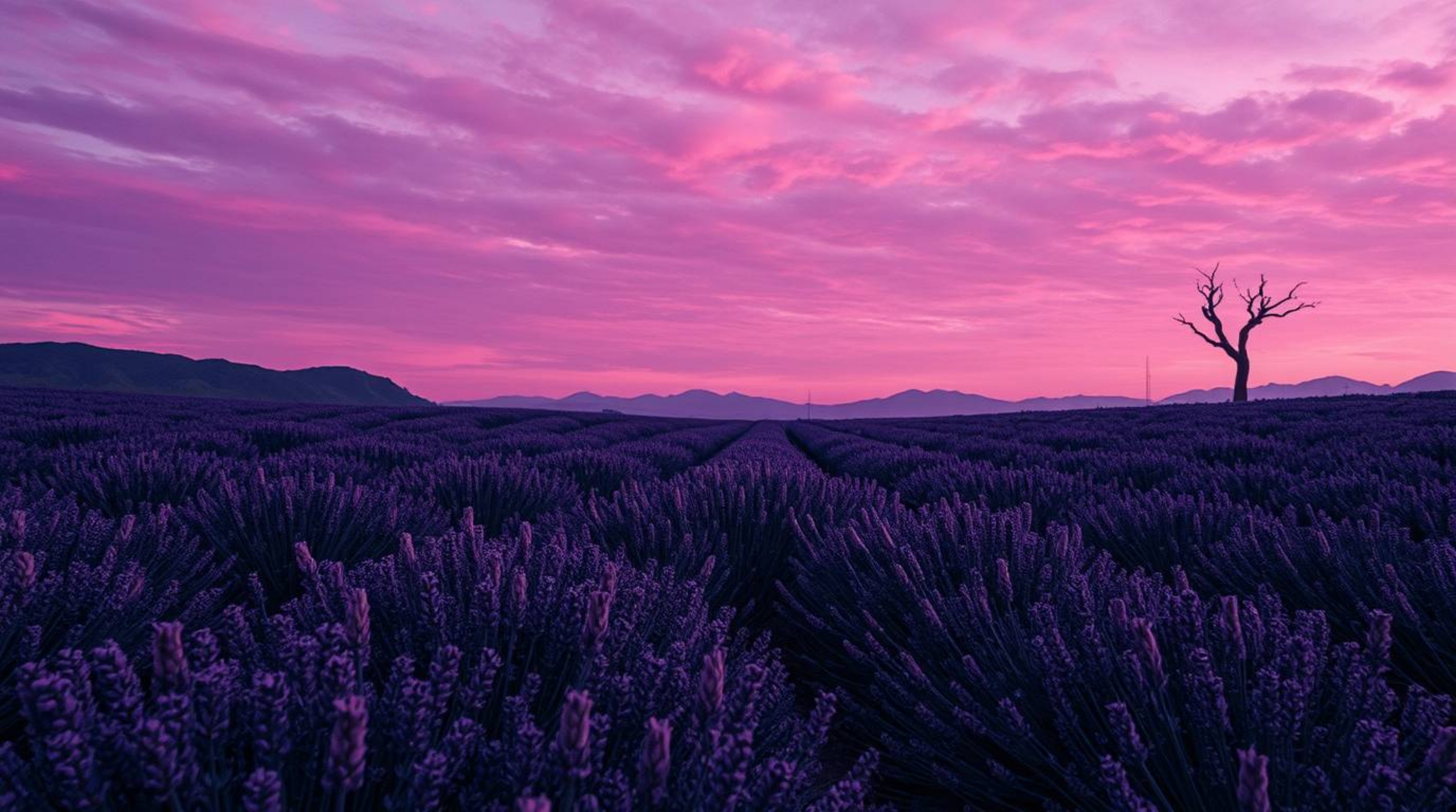 Explore a surreal and unsettling world crafted with layered papier-mâché, where lavender fields glow under a dreamy pink sky,