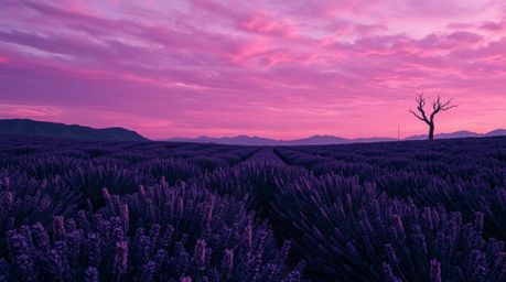 Explore a surreal and unsettling world crafted with layered papier-mâché, where lavender fields glow under a dreamy pink sky,