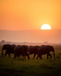A photograph depicting elephants walking across a field at sunset, bathed in gentle, soft light with bright, vibrant colors. 