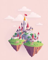Discover a vibrant, minimalist kingdom featuring colorful floating islands and castles. This modern flat design emphasizes si