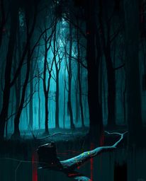 A captivating digital painting depicts a glitched forest scene, showcasing a surreal contrast between hard light and dark ton