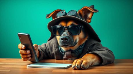 A captivating high-resolution stock photo depicts a sophisticated dog detective utilizing advanced technology.  The image boa