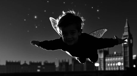 A captivating black and white silhouette captures a charming young boy soaring above London, propelled by magical pixie dust.