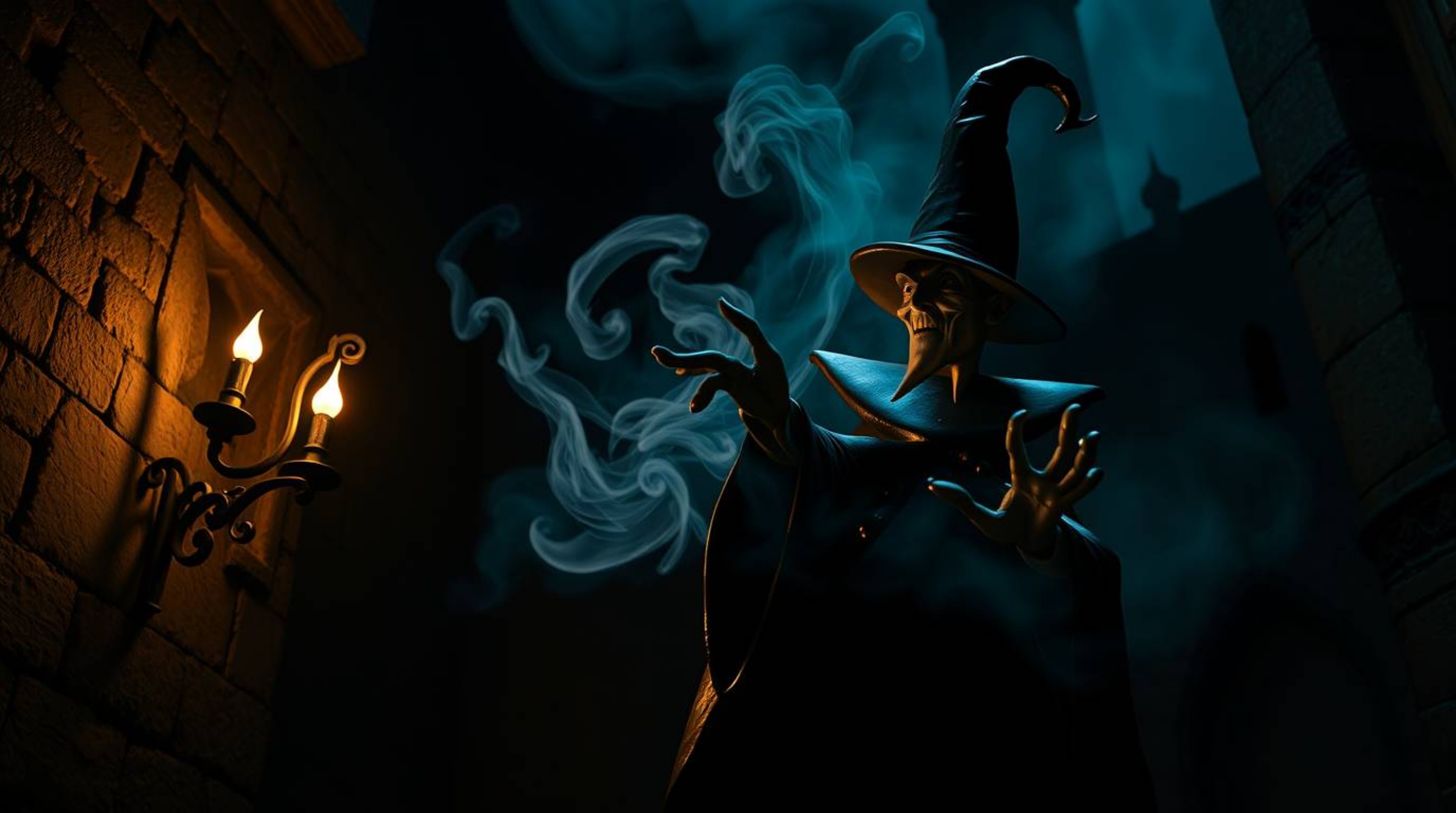 This image depicts a classic Disney villain casting a spell within the aged walls of an old castle. Rendered in cast bronze w
