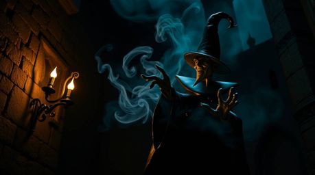 This image depicts a classic Disney villain casting a spell within the aged walls of an old castle. Rendered in cast bronze w
