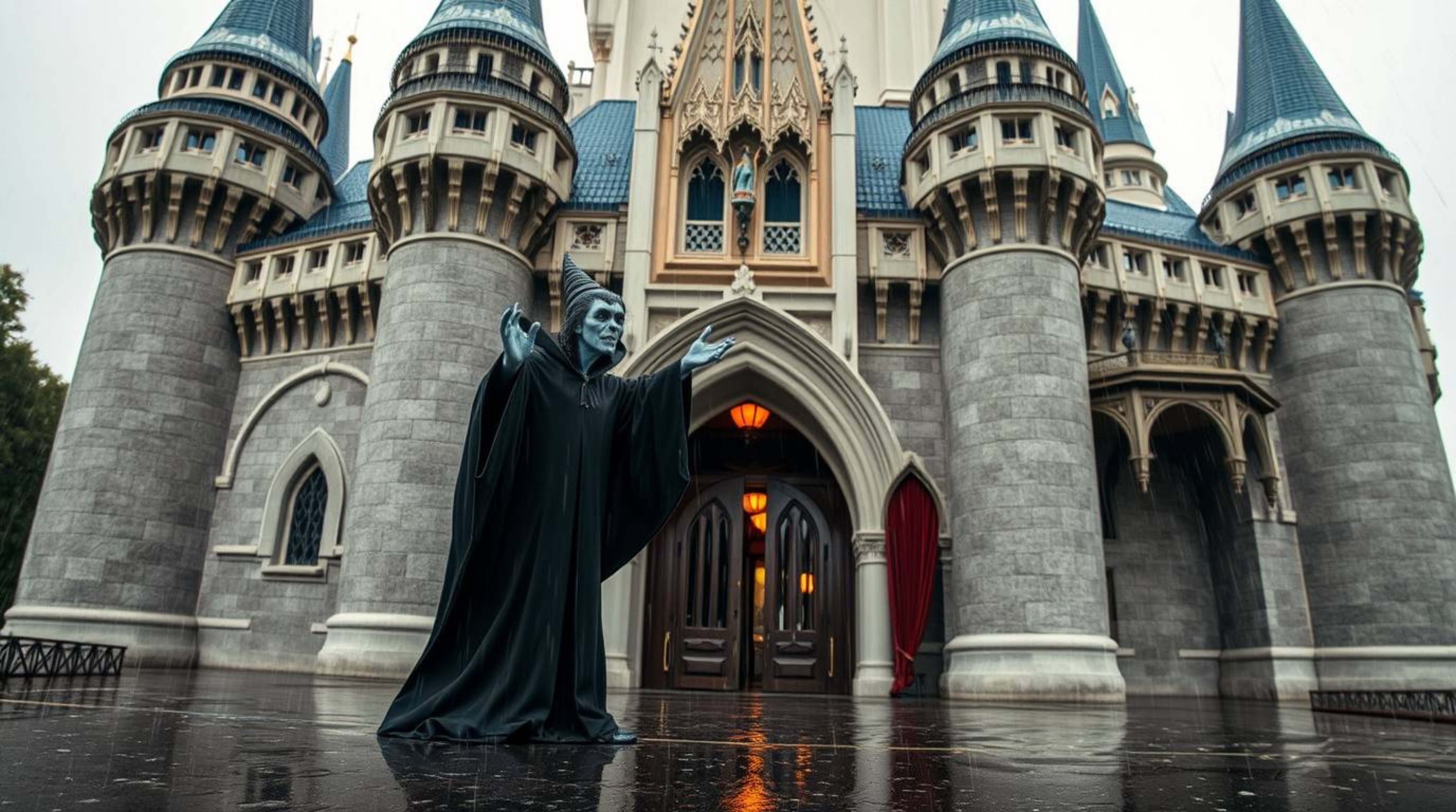 A captivating architectural photograph depicts a classic Disney villain casting a spell within a majestic castle during a dra