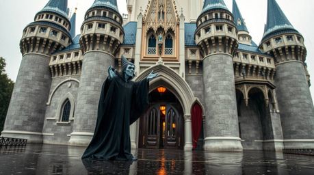 A captivating architectural photograph depicts a classic Disney villain casting a spell within a majestic castle during a dra