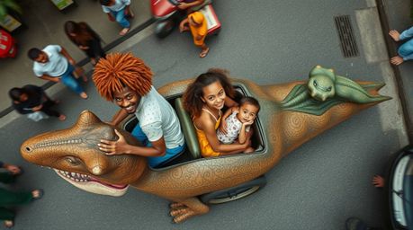 Capture a unique and captivating moment with this overhead bird's-eye view candid street photograph, showcasing a prehistoric