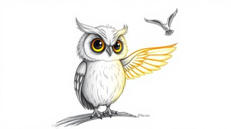 A heartwarming hand-drawn sketch in the style of Pixar depicts a blind owl with sunlit, glowing feathers imparting wisdom and