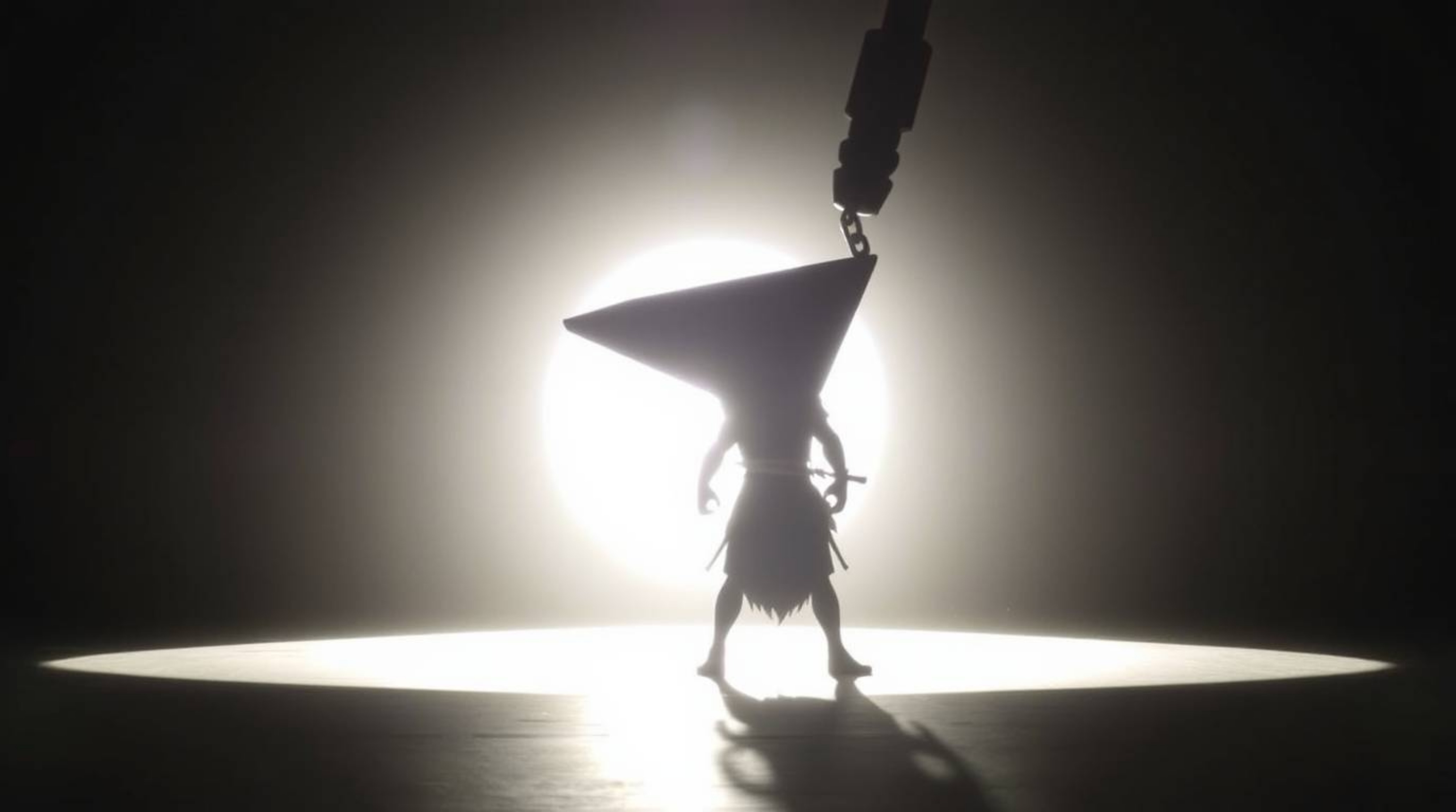 A captivating scene unfolds with an anvil poised to strike a trickster character, silhouetted against a brilliant light sourc