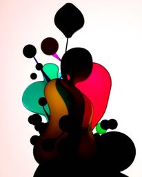 Explore a captivating abstract composition featuring silhouetted, colorful 3D fluid shapes interacting dynamically with geome