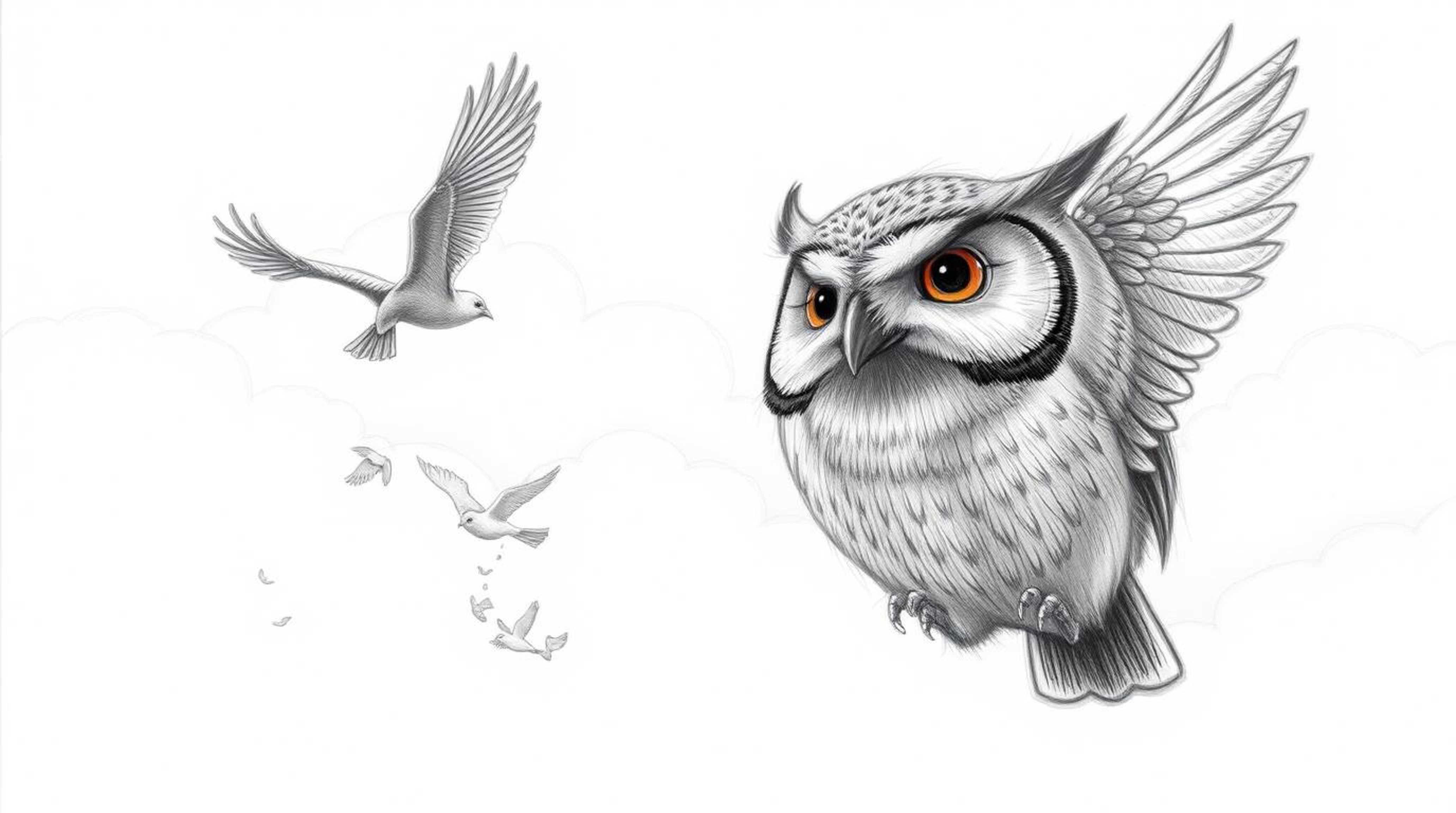 A heartwarming scene depicts a blind owl with a calm, detailed face, diligently teaching birds how to fly against a backdrop 