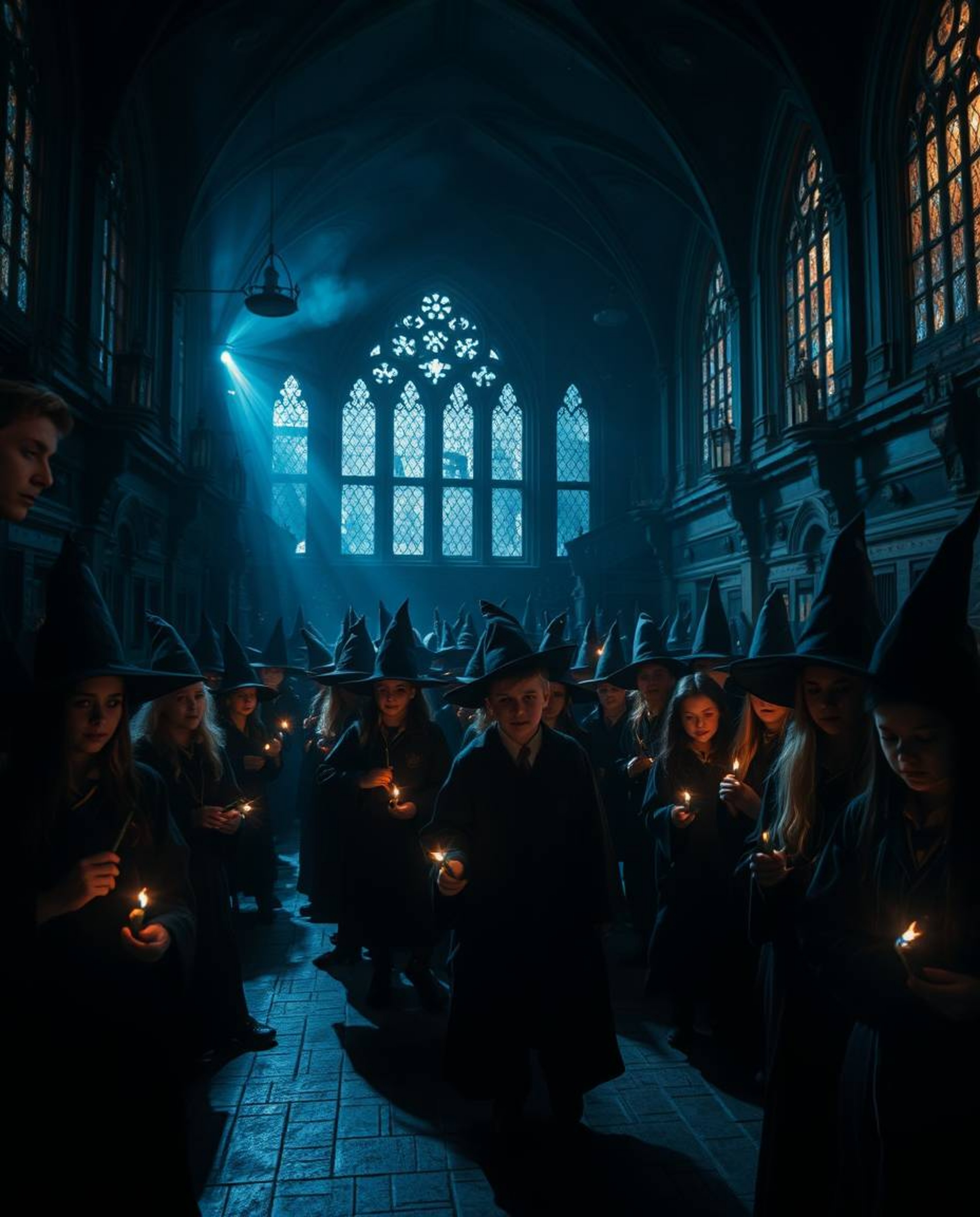 Explore a dramatic, cinematic vision of a magical school teeming with young wizards. This image employs high contrast, low-ke