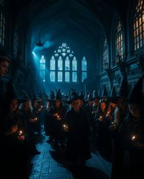 Explore a dramatic, cinematic vision of a magical school teeming with young wizards. This image employs high contrast, low-ke