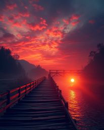 A grand, epic scene reimagines an old wooden bridge over a river at sunset on a massive, heroic scale. The setting is imbued 
