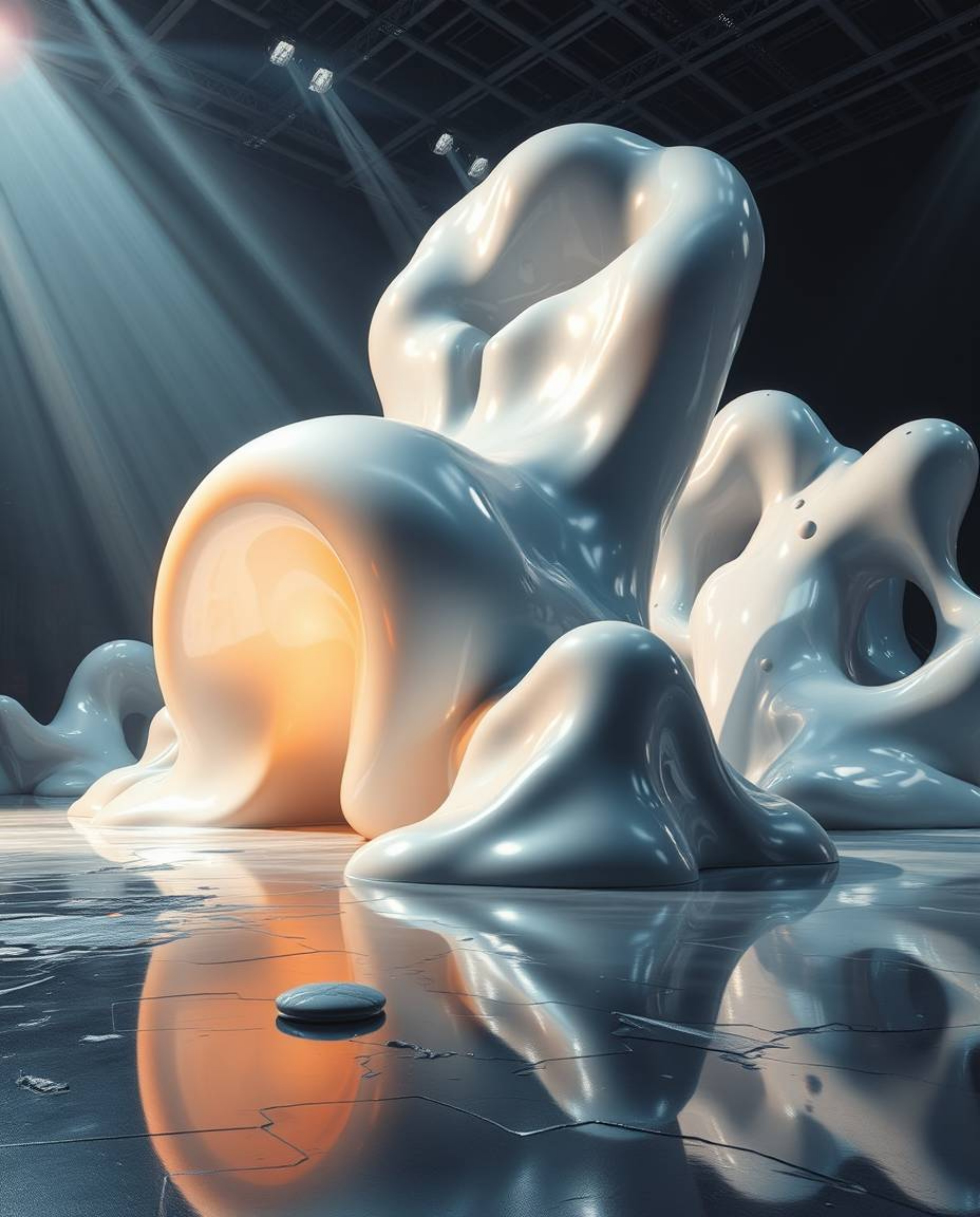 Explore a captivating futuristic scene featuring massive sculptural 3D fluid mercury shapes, expertly crafted with a reflecti