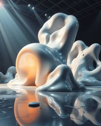 Explore a captivating futuristic scene featuring massive sculptural 3D fluid mercury shapes, expertly crafted with a reflecti