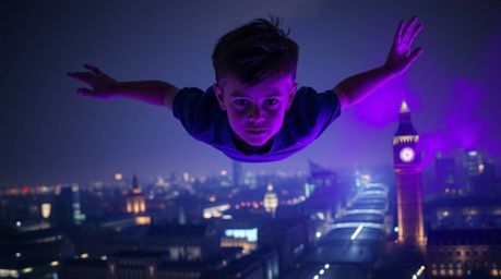A young boy with a determined expression soars above the stark London skyline, propelled by vibrant ultraviolet pixie dust.