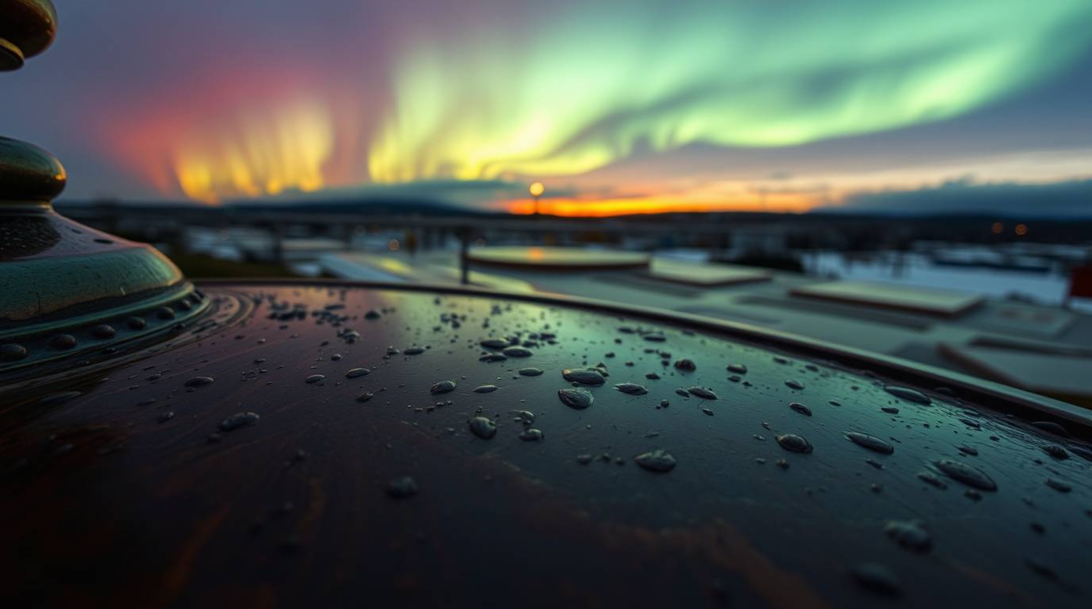 A captivating high-angle shot depicts a wet cast bronze surface with an antique patina, reflecting the soft drizzle of rain. 