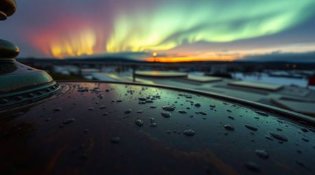 A captivating high-angle shot depicts a wet cast bronze surface with an antique patina, reflecting the soft drizzle of rain. 