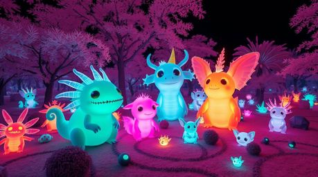 Explore a breathtaking fantasy kingdom teeming with quirky, bioluminescent magical creatures, all bathed in a surreal infrare