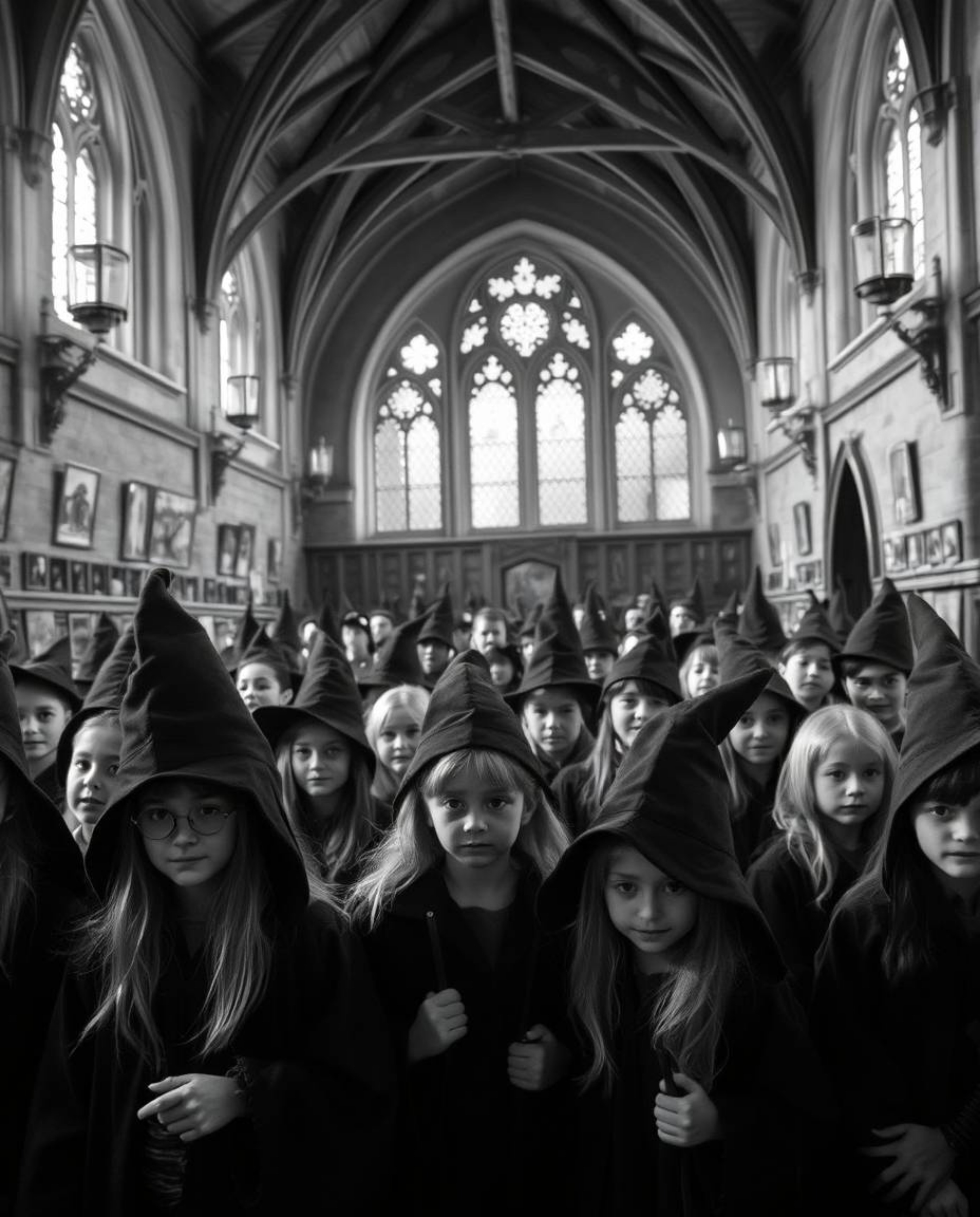 A captivating black and white close-up captures the timeless elegance of a magical school brimming with young wizards.  The d
