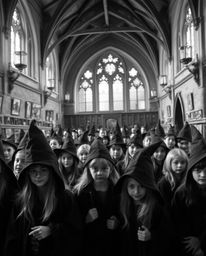 A captivating black and white close-up captures the timeless elegance of a magical school brimming with young wizards.  The d