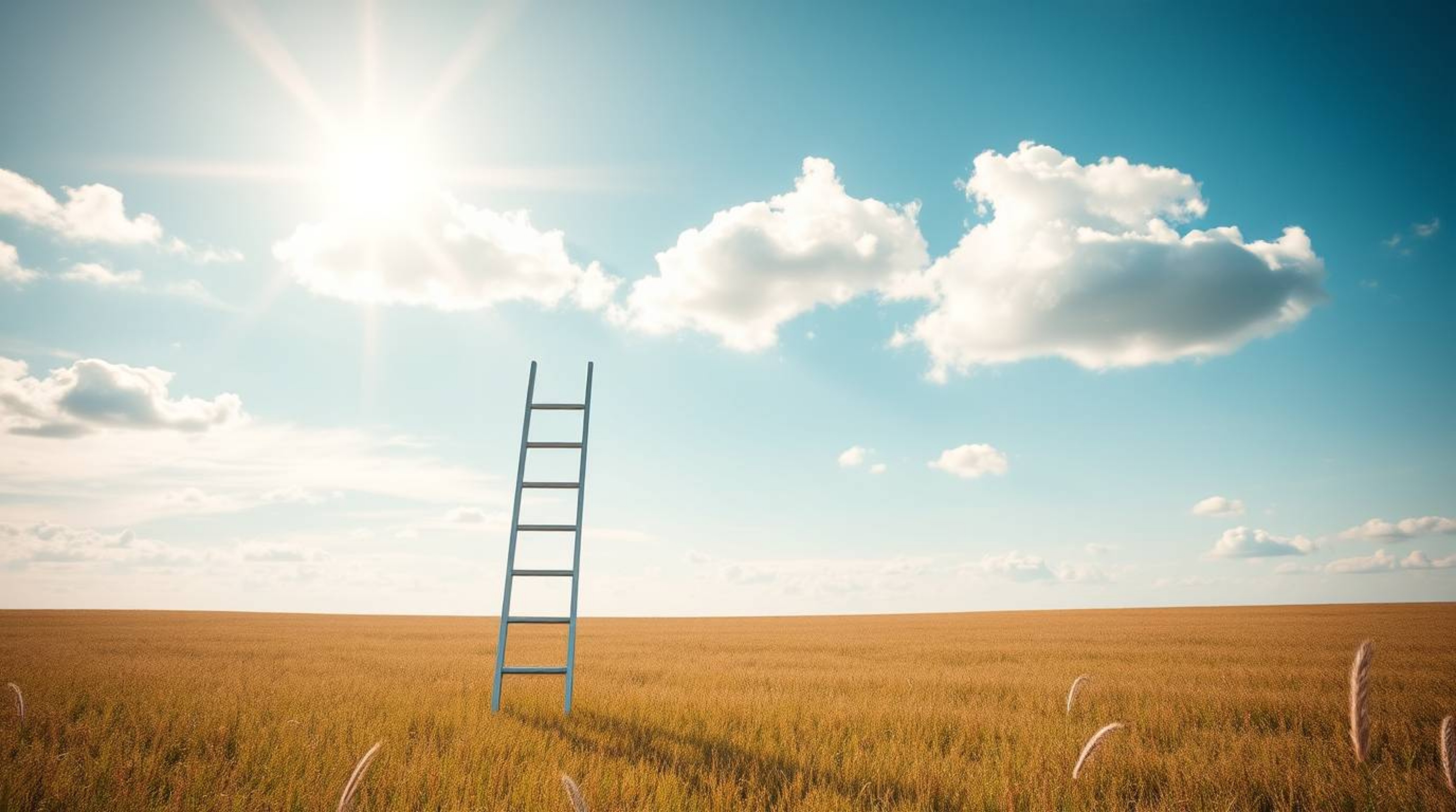A photorealistic and charming image showcasing a minimalist scene with a silver ladder standing in an open field beneath a wi