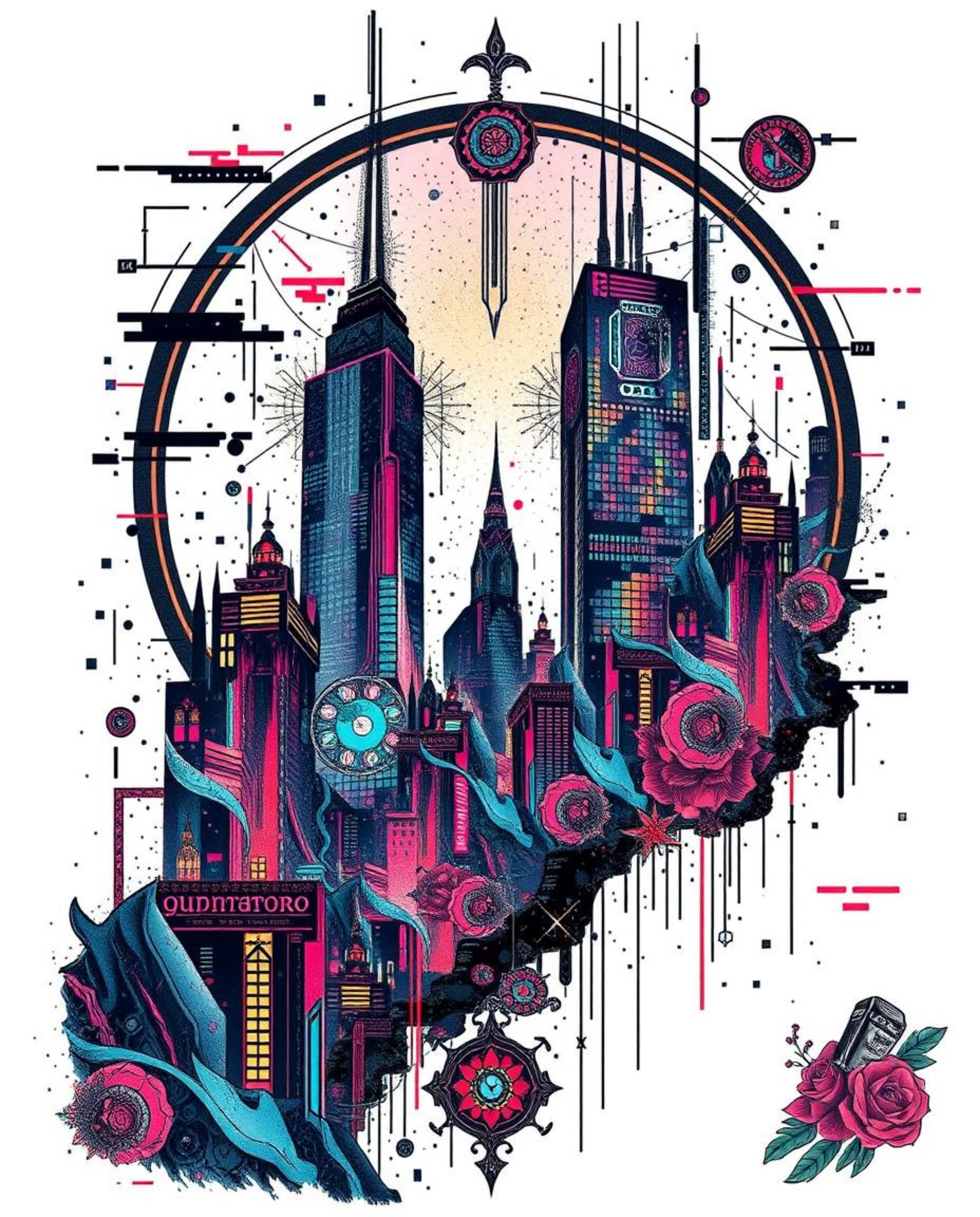 Explore a captivating fusion of traditional symbolism and modern glitch art in this dramatic tattoo print. The design feature