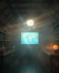 Escape into a dreamy atmosphere with this image: a glowing map projection hovers in an old study, bathed in soft volumetric l