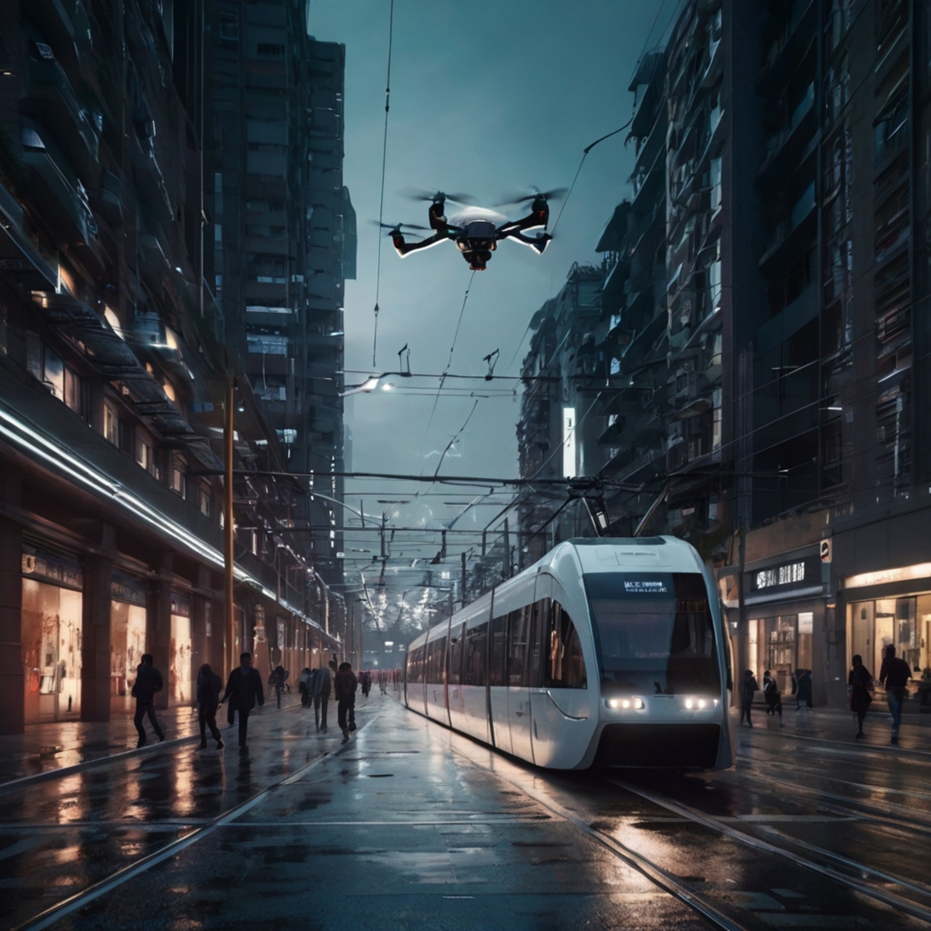 Explore a glimpse into the future with this depiction of a bustling urban street. This high-tech landscape features intellige