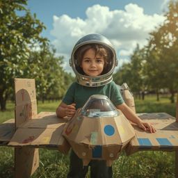 A captivating high fashion photography scene depicts a young boy with bright, curious eyes, embodying the spirit of adventure