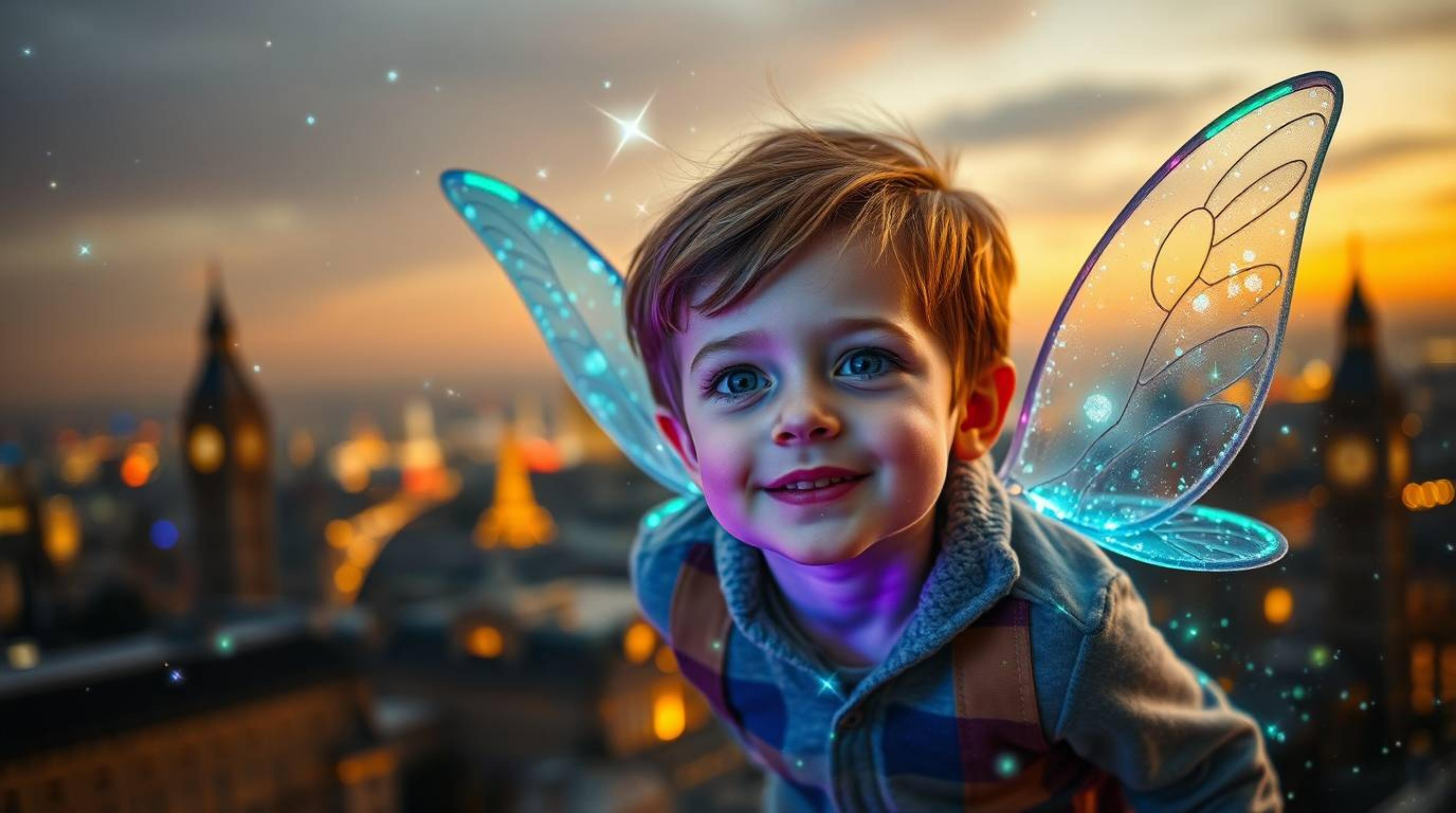A young boy with endearing features takes flight above the cityscape of London, propelled by trails of bioluminescent pixie d